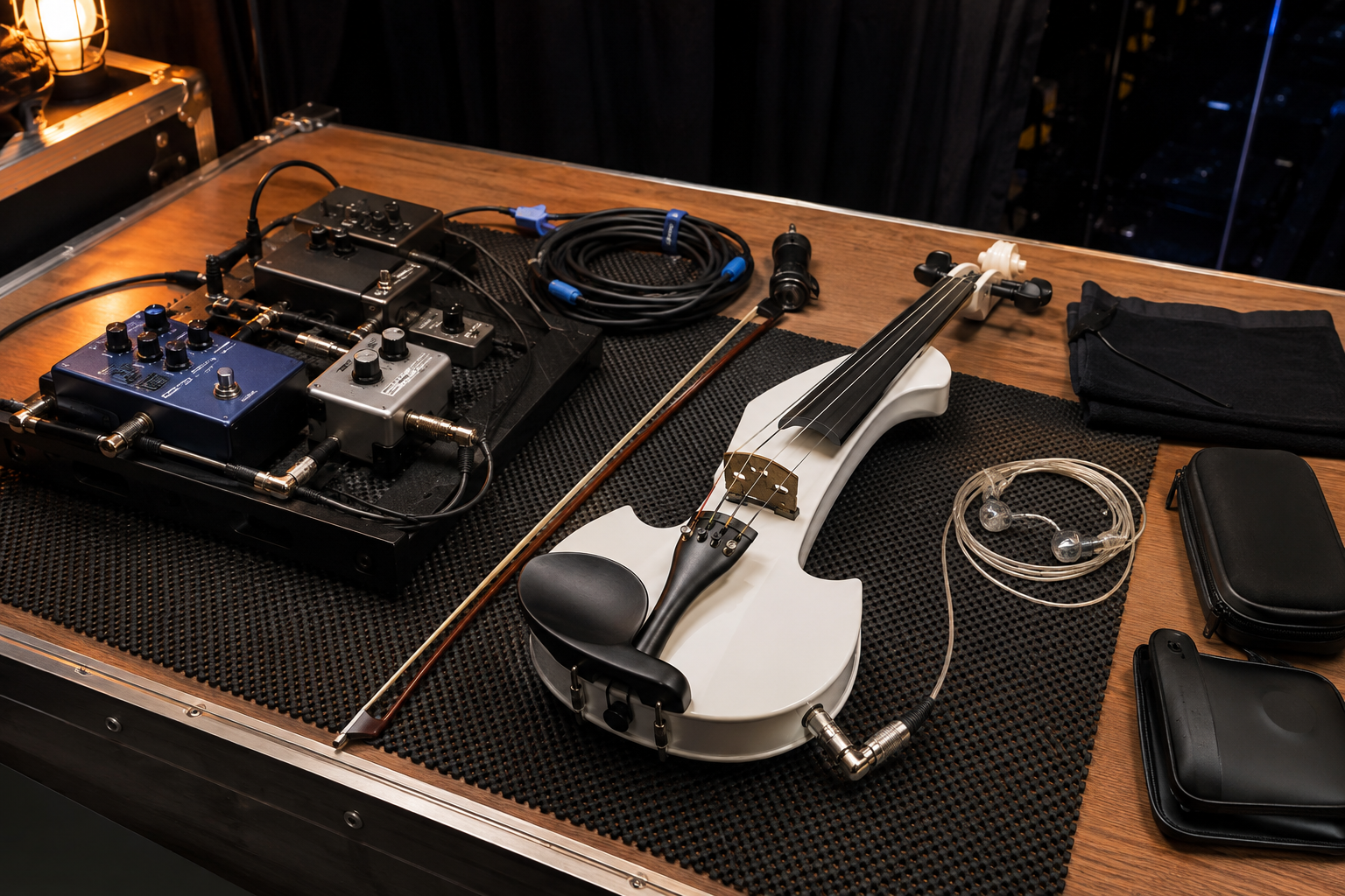 Backstage electric violin rig with white violin, compact chorus pedal, in-ear monitors, cables, and a tidy pedalboard before showtime
