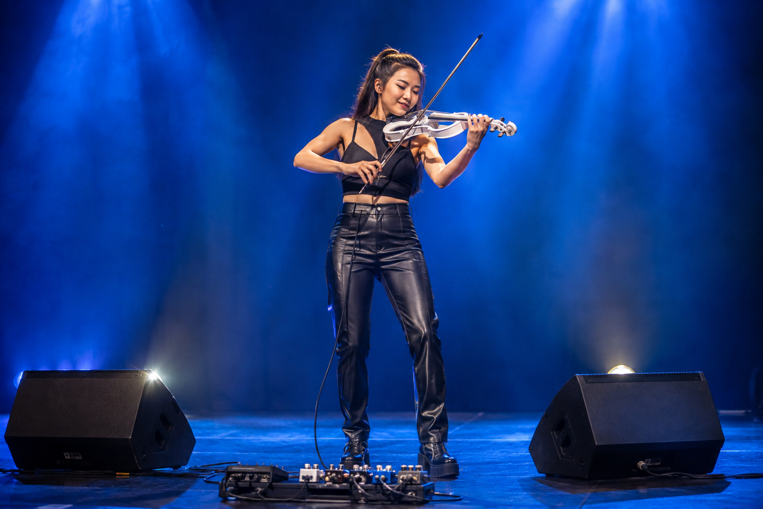 Electric violin performer on a stereo stage rig with two speakers and a wide chorus image, lit by blue concert lighting
