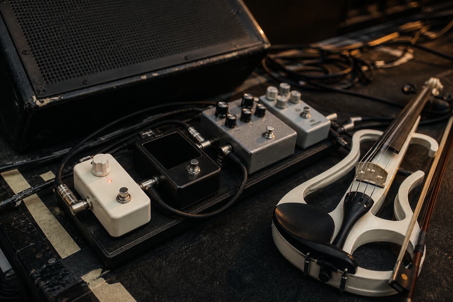 Close-up of an electric violin pedalboard with a compact clean boost pedal beside a white electric violin and wedge monitor