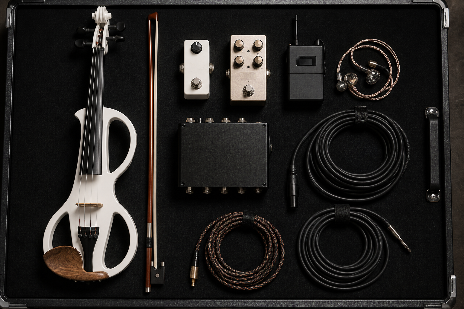 Top-down electric violin fly-date rig with clean boost pedals, DI box, wireless pack, in-ear monitors, and neatly coiled cables