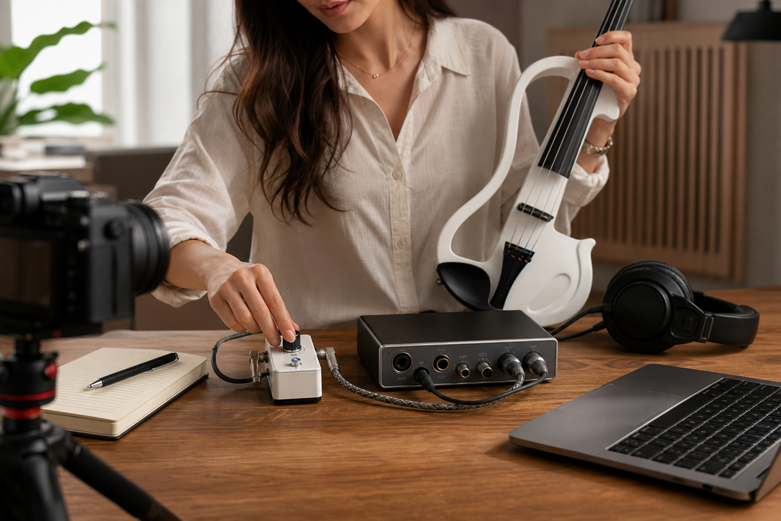 Electric violin content creator routing a white electric violin through a compact clean boost pedal into an audio interface at a studio desk
