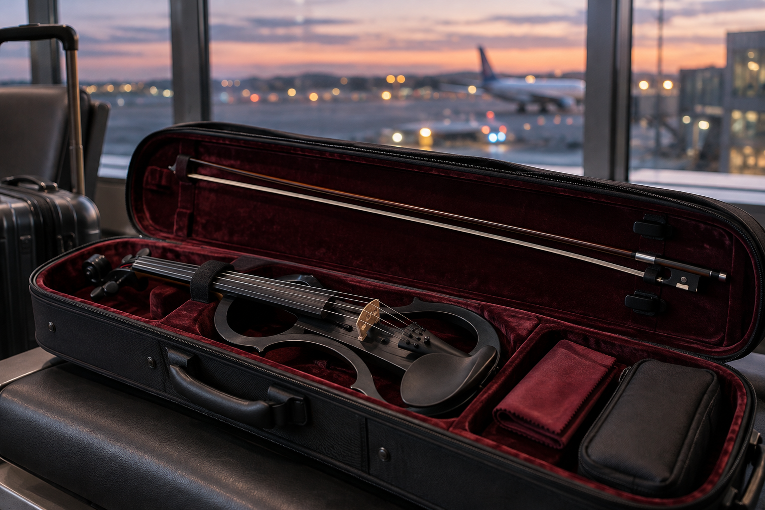 Black electric violin packed with microfiber cloth and compact maintenance pouch for airport travel