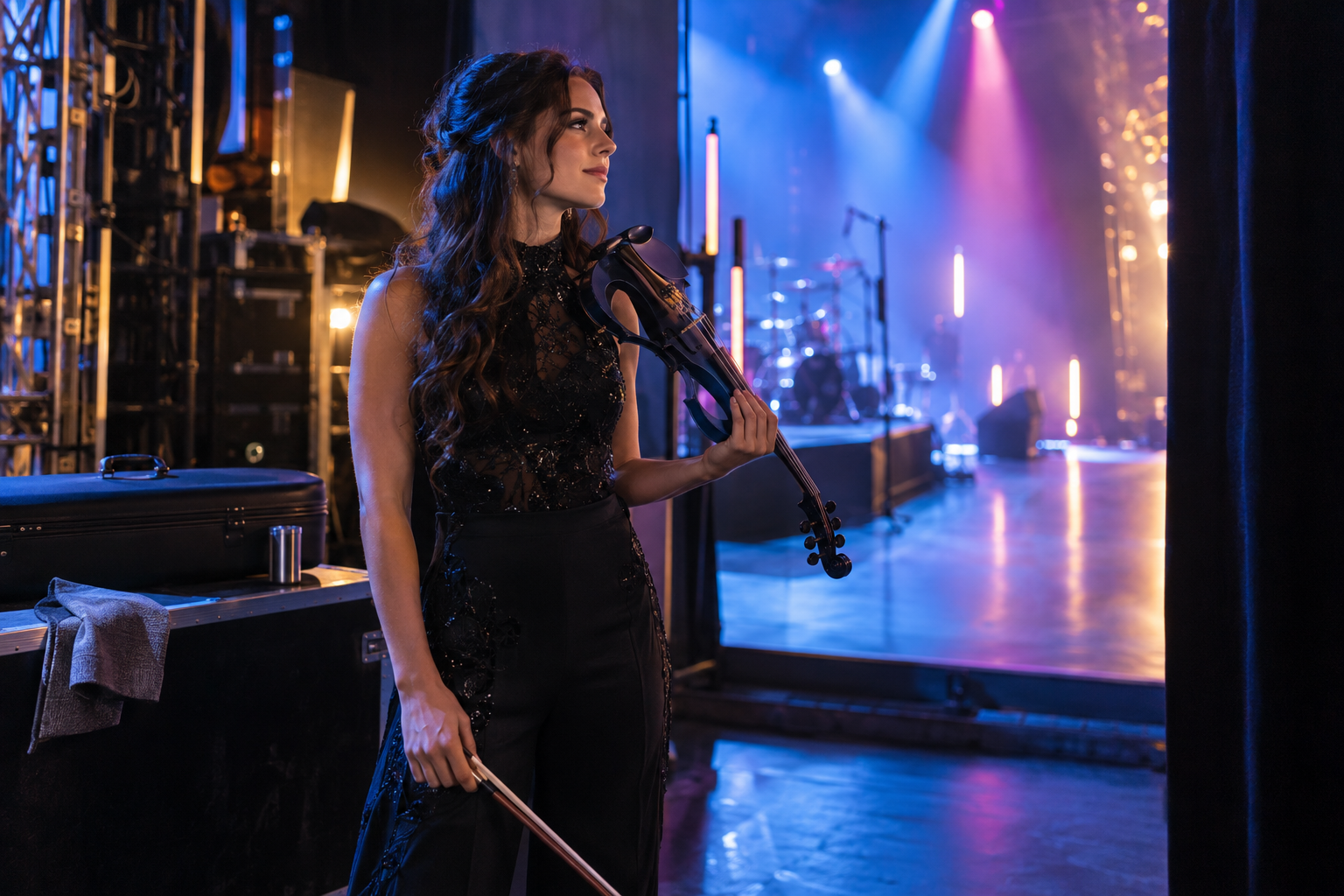 Concert-ready electric violin performer holding a clean instrument beside colorful stage lights