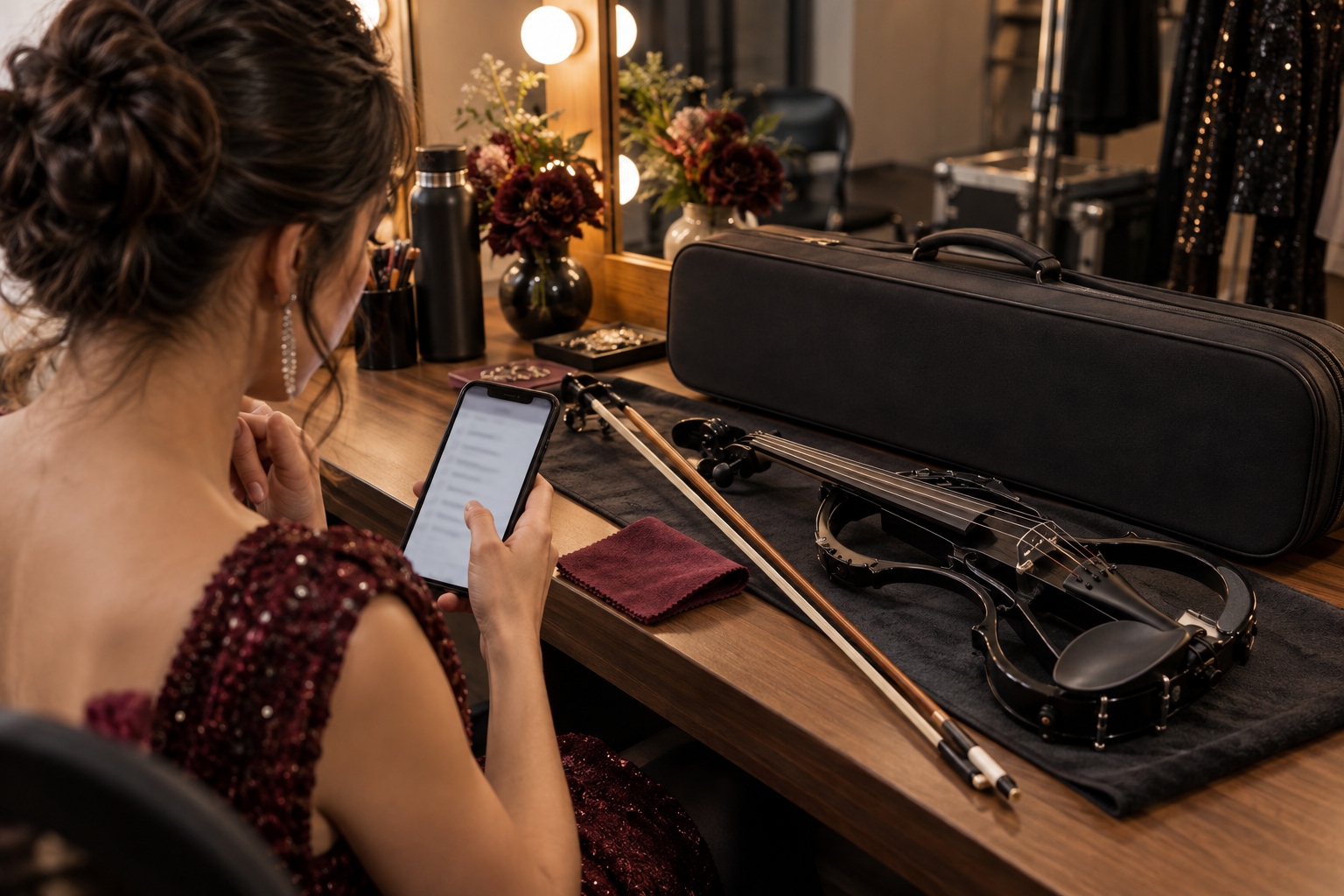 Electric violin performer reviewing a pre-show maintenance checklist in a warm backstage room