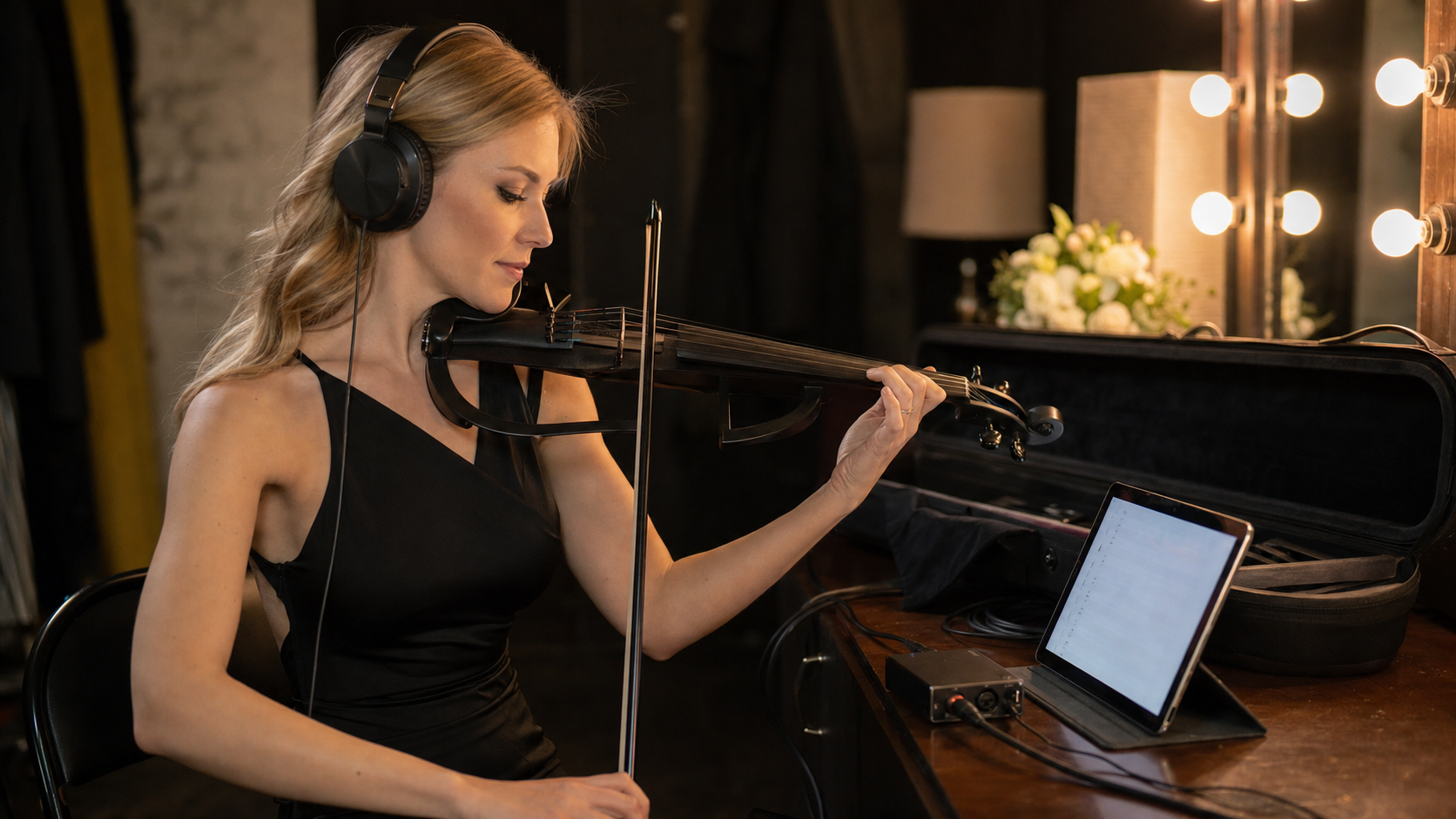 Electric violinist in a backstage dressing room practicing silently with closed-back headphones, tablet, and compact audio interface