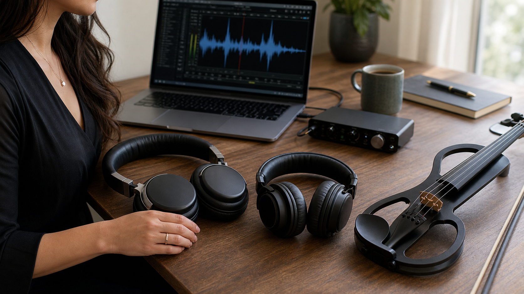 Two pairs of closed-back headphones on a desk next to a black electric violin, laptop waveform screen, and compact audio interface