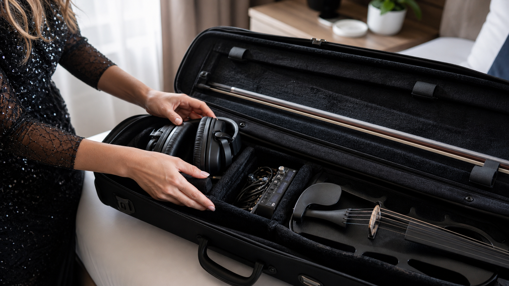 Touring electric violinist packing closed-back studio headphones and recording accessories into an open electric violin case