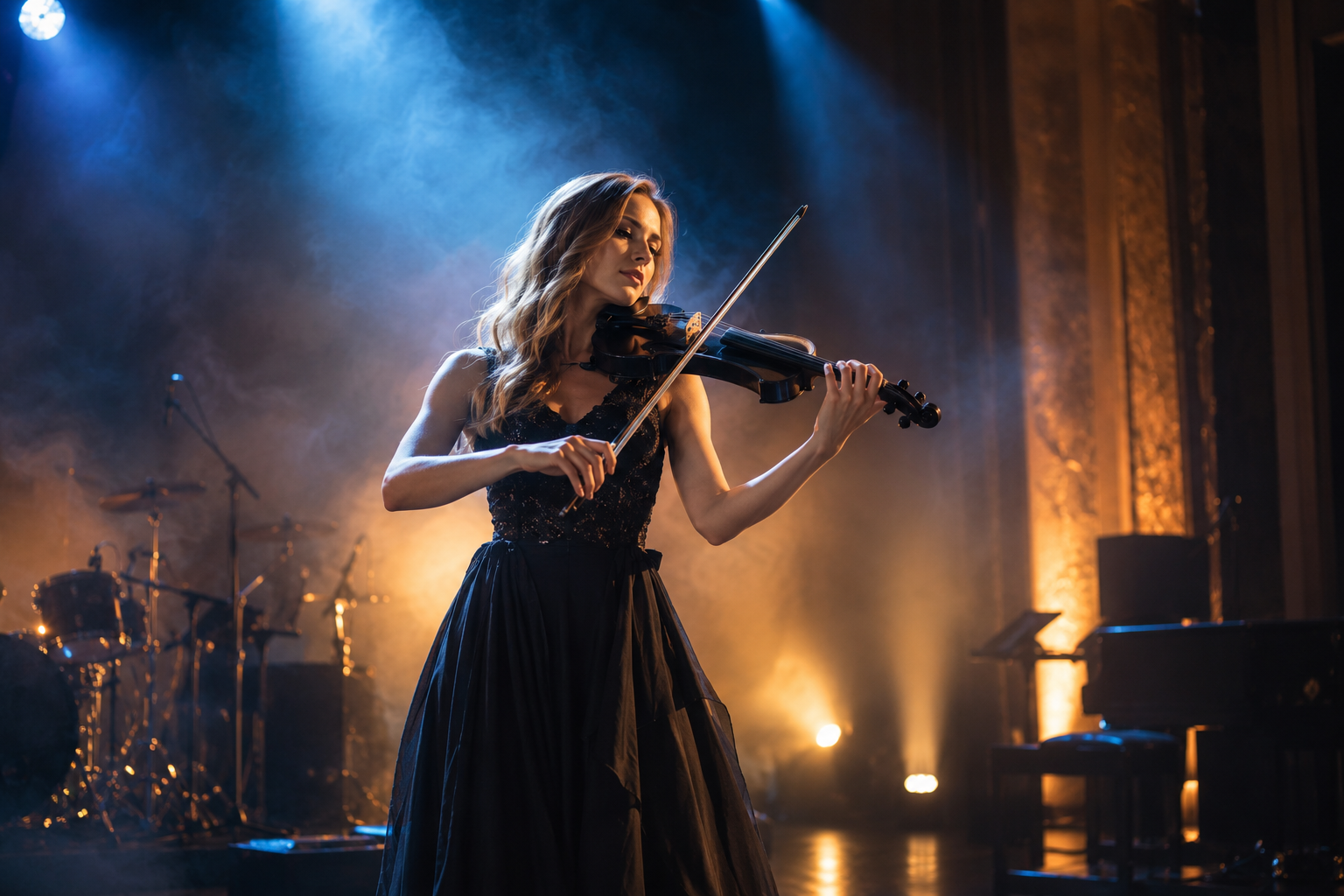 Electric violin performer на синя и кехлибарена сцена с фин театрален haze