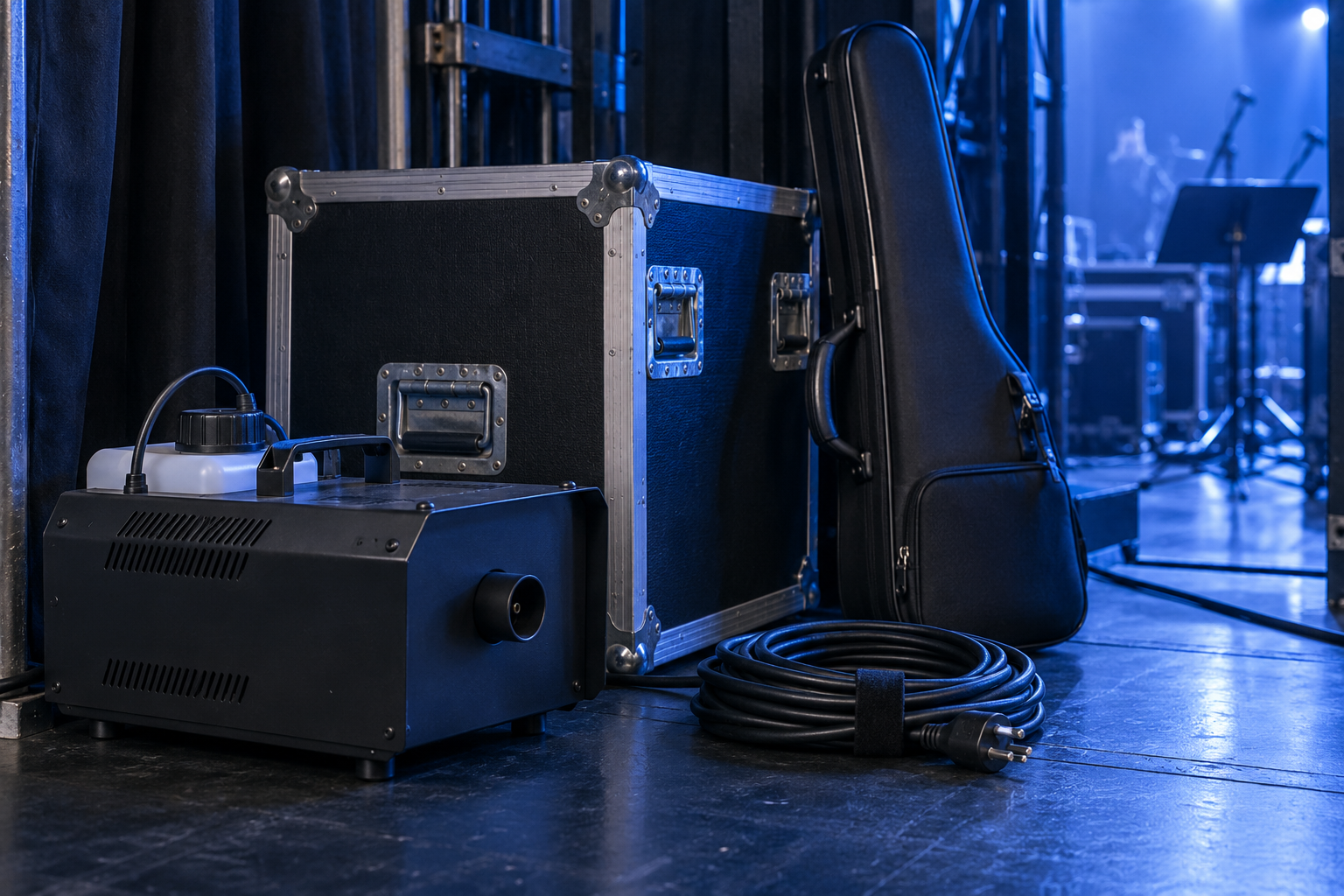 Компактна haze машина и electric violin flight case подготвени безопасно в театрален backstage