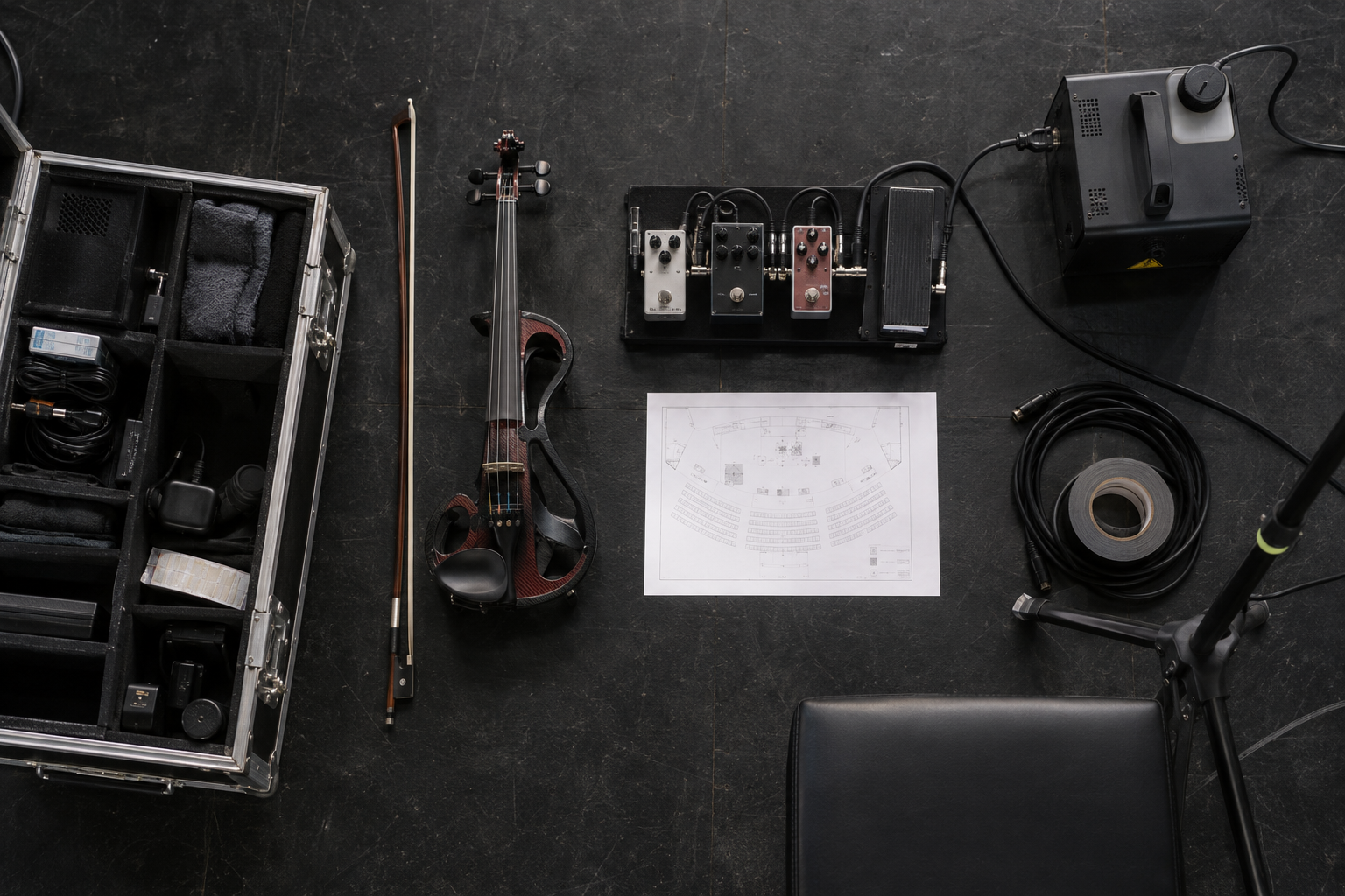 Electric violin performance kit отгоре с компактна haze машина и подредени stage аксесоари