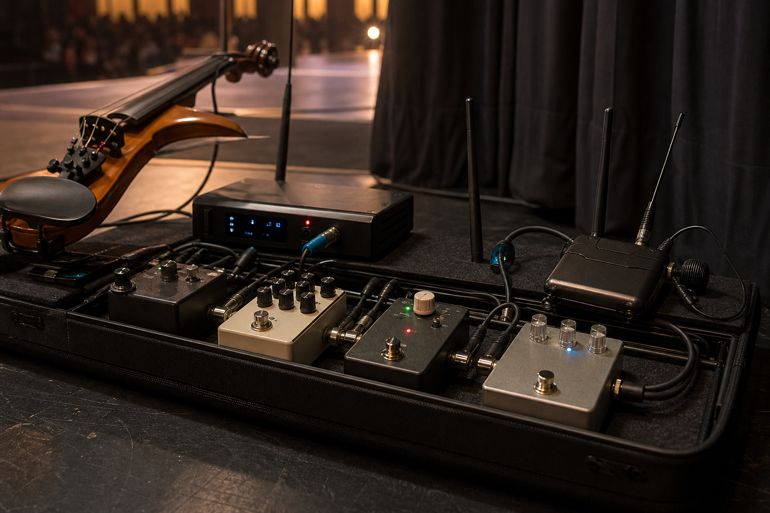 Backstage close-up of an electric violin pedalboard with a compressor pedal, wireless receiver, in-ear pack, and tidy live cabling