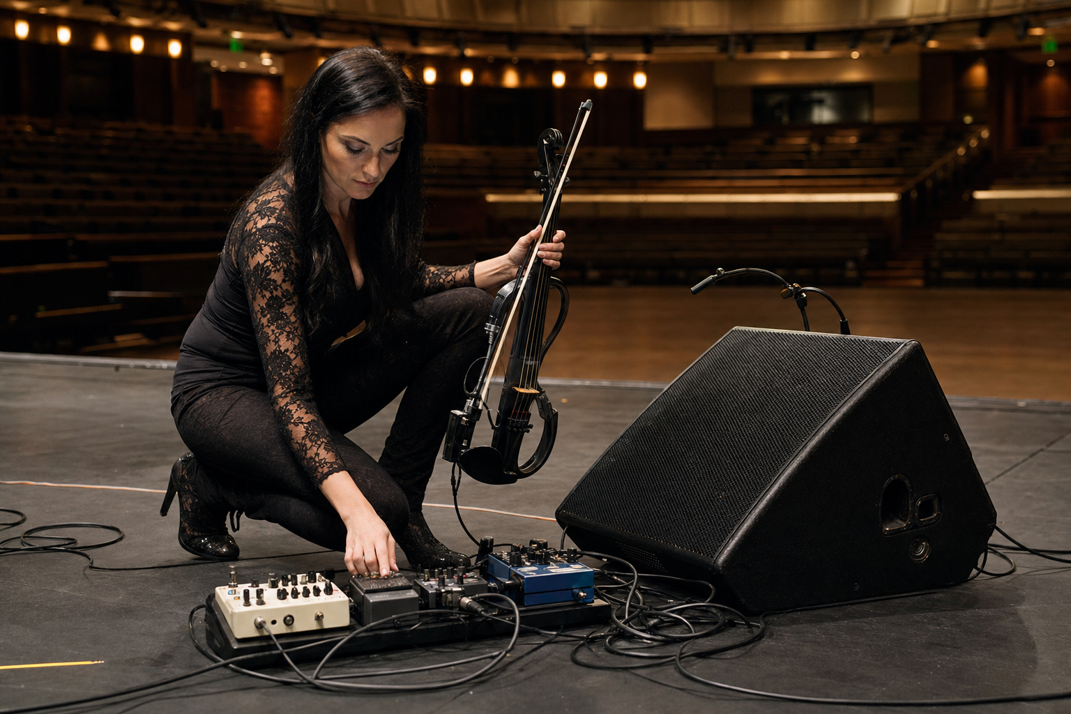 Electric violin performer during soundcheck adjusting compressor pedal settings beside a direct box and stage monitor in an empty venue