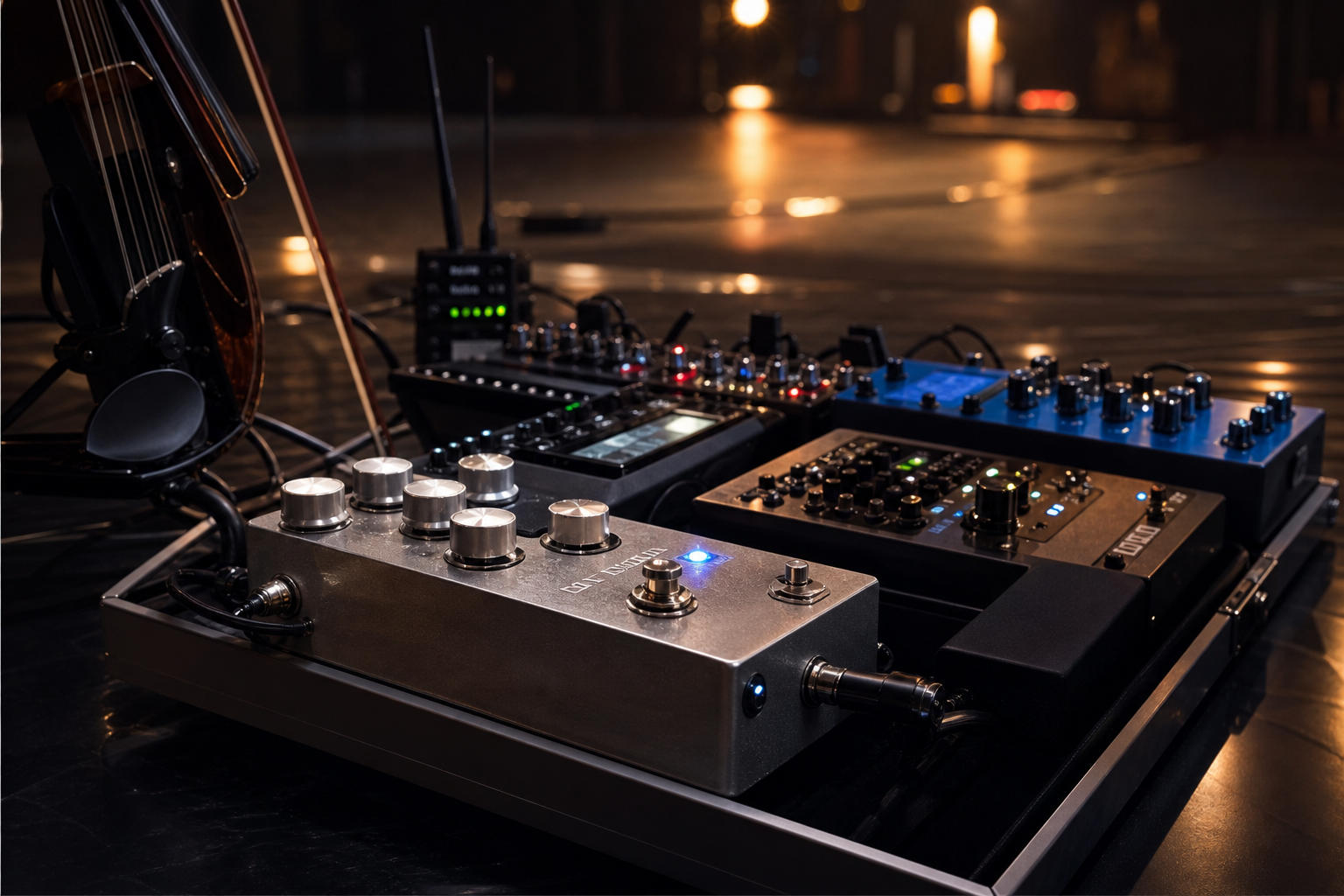Premium electric violin pedalboard with compressor pedal, delay, reverb, and wireless system set for a polished concert performance