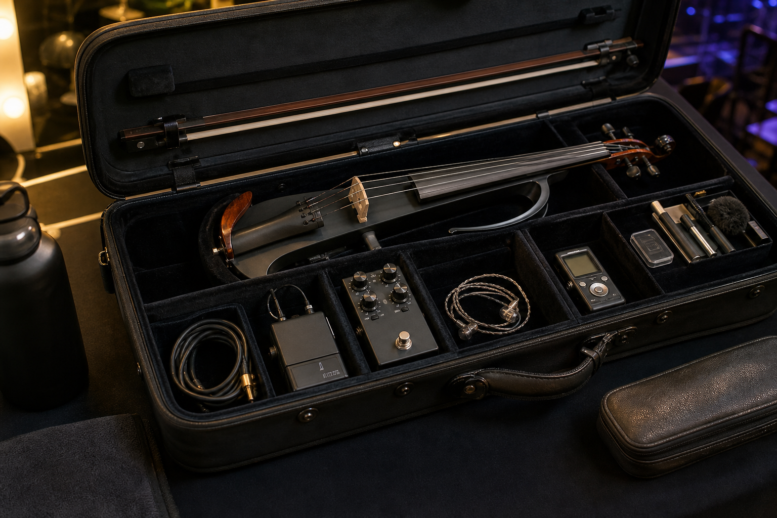 Travel-ready electric violin case packed with a compressor pedal, wireless pack, in-ear monitors, spare cable, and creator recording accessories