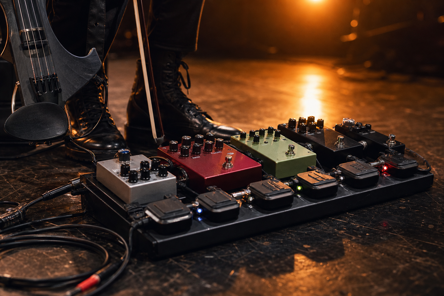 Компактен electric violin pedalboard с няколко delay педала и кабели върху полиран театрален под до черни сценични обувки