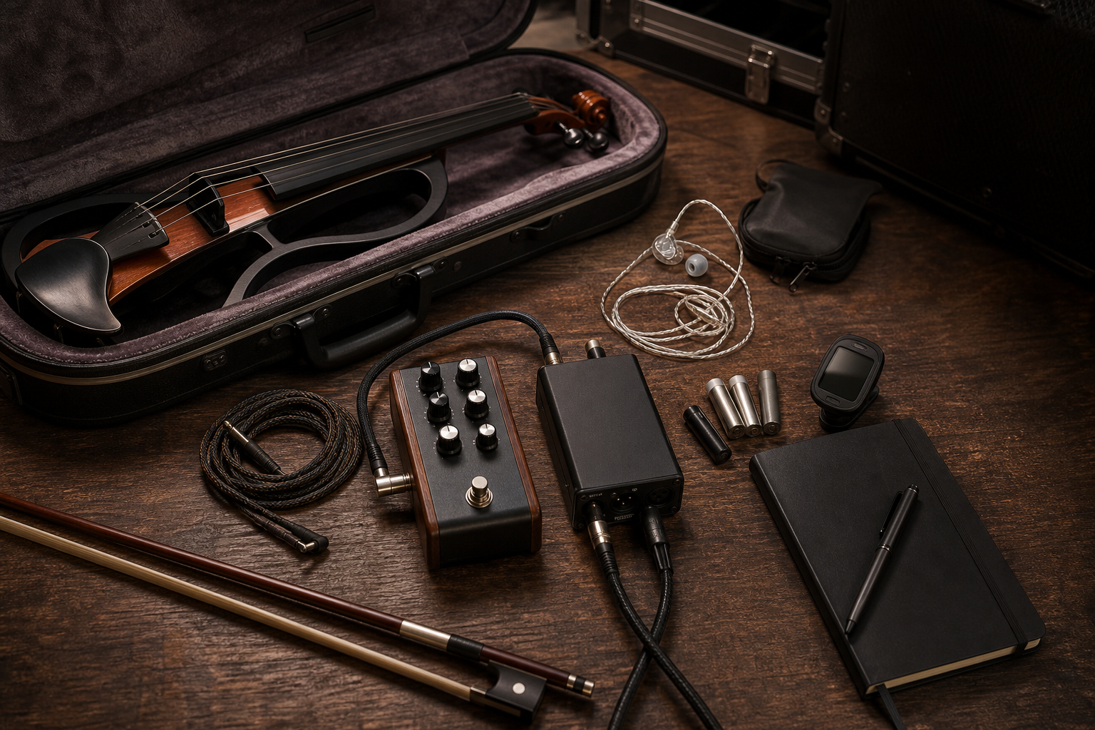 Open electric violin case with DI box, acoustic preamp pedal, in-ear monitors, notebook, batteries, and cable neatly arranged backstage
