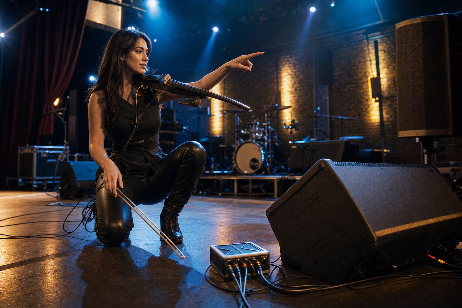 Electric violinist pointing toward a stage monitor while a compact DI box sends signal toward the live PA during soundcheck