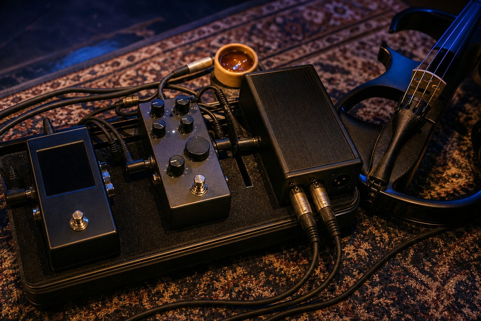 Close-up of an electric violin pedalboard with acoustic preamp, DI box, cables, and bow rosin under warm stage lighting