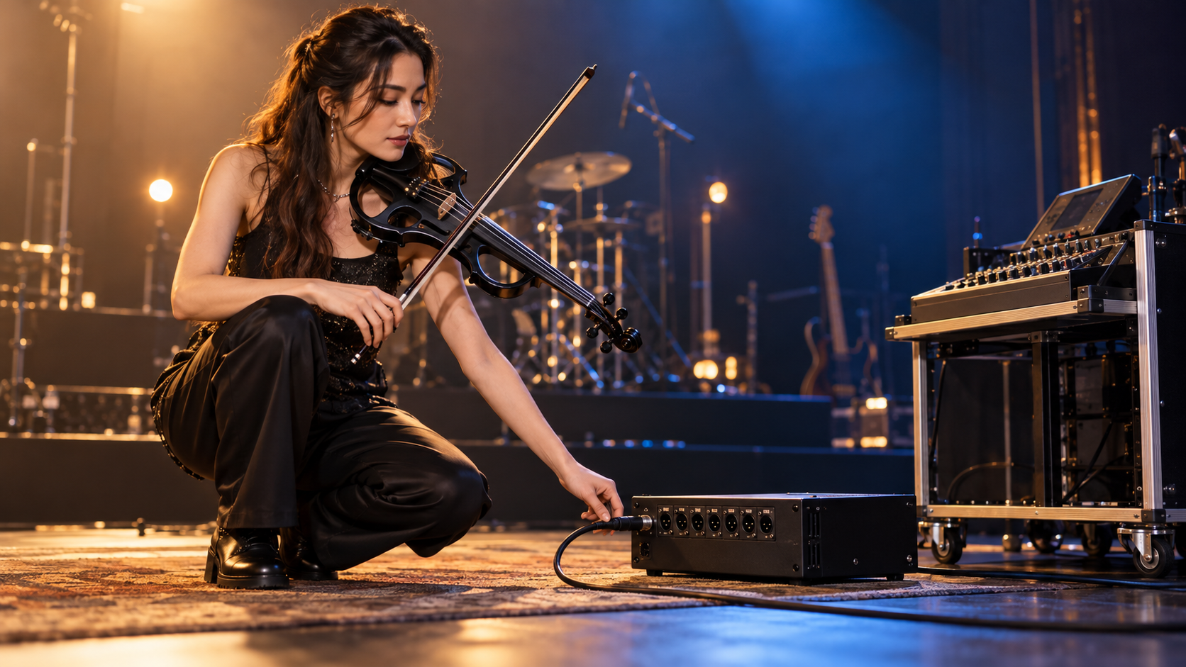 Electric violin изпълнител прави soundcheck до компактен digital stagebox и mixer на концертна сцена