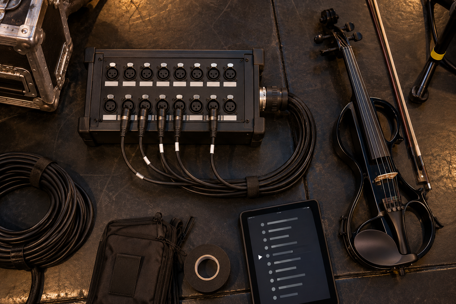 Компактен digital stagebox с electric violin tablet setlist и подредени XLR кабели отгоре