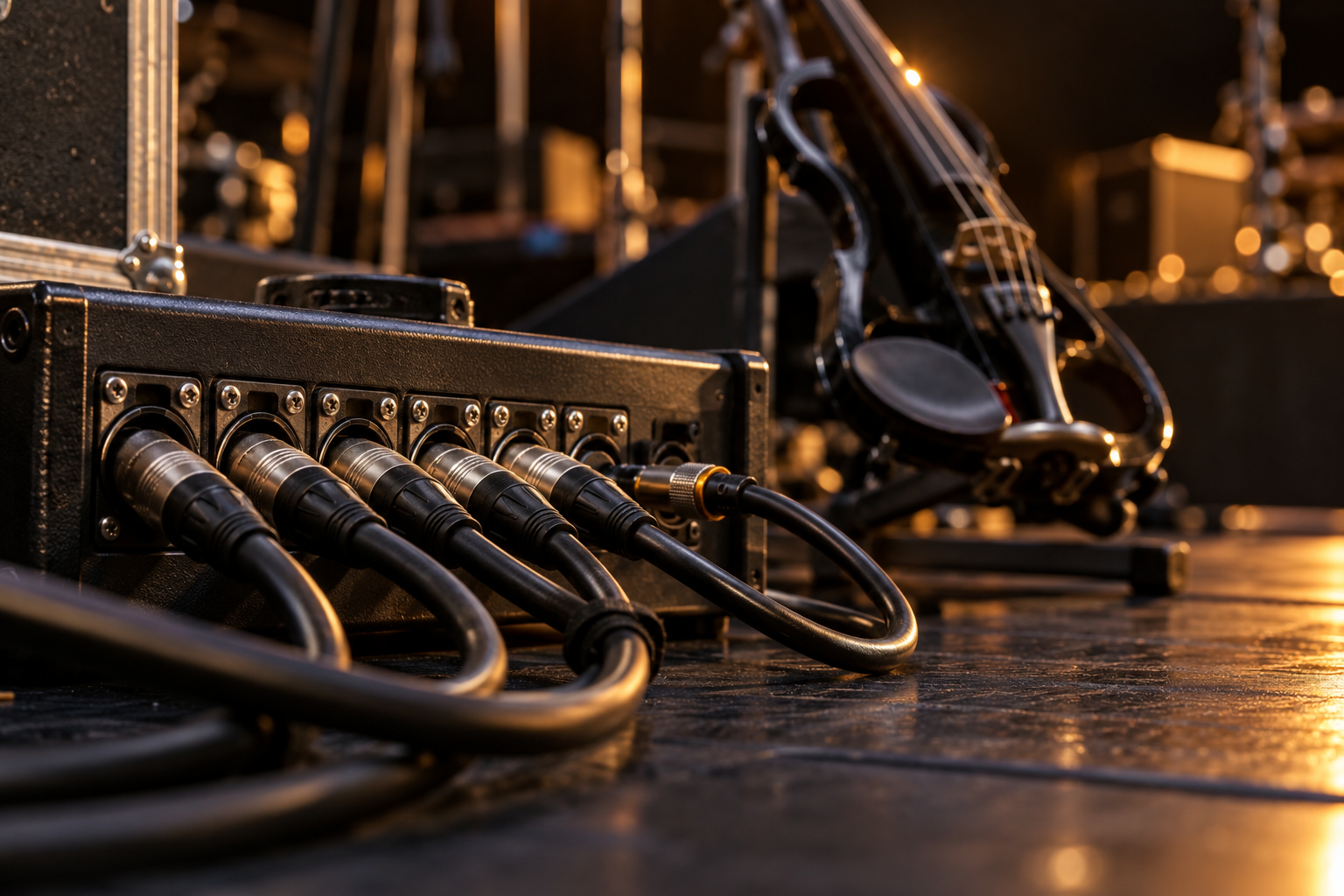 Близък кадър на generic компактен digital stagebox с XLR връзки до electric violin на сцена