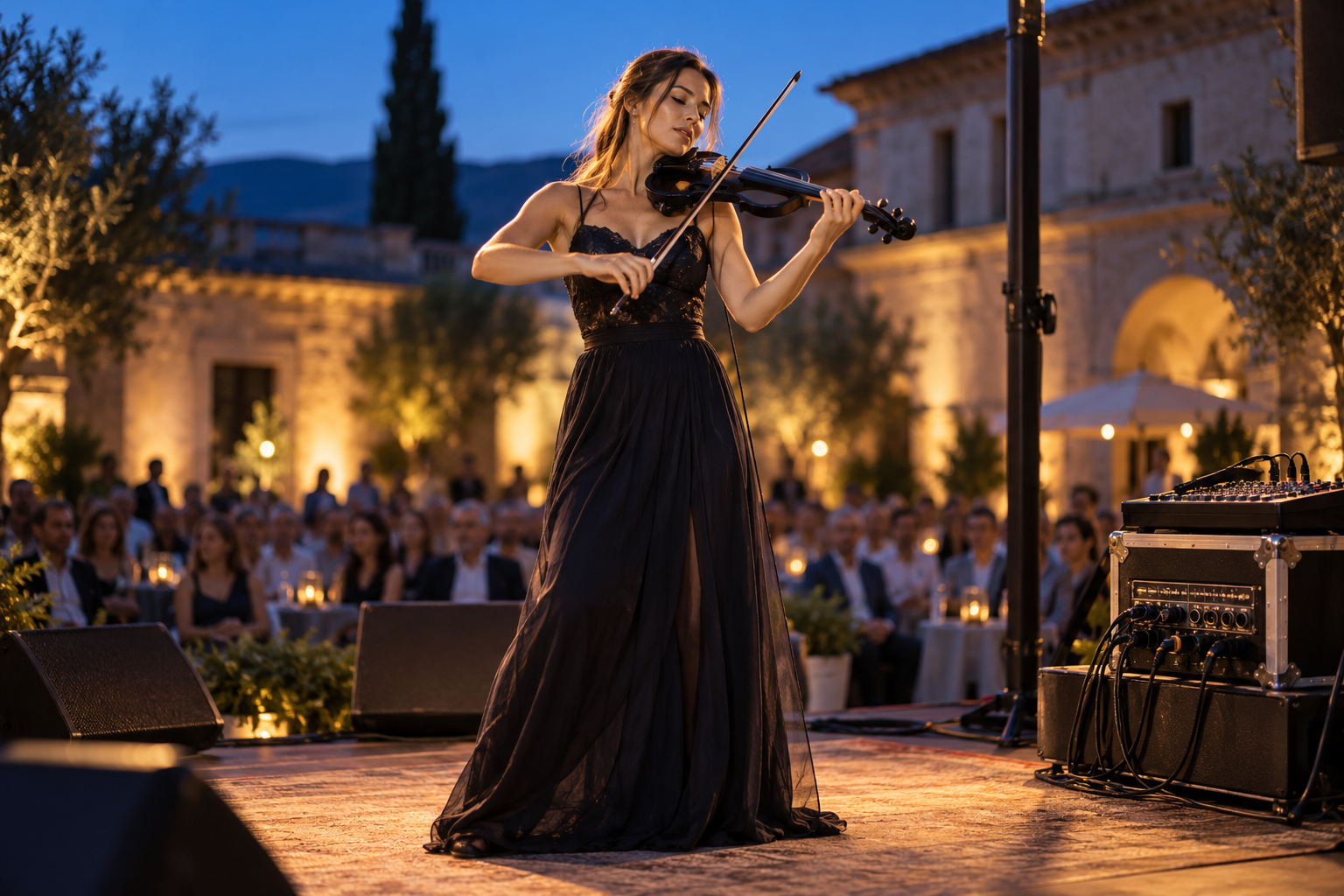 Electric violin изпълнител на вечерен концерт с компактен stagebox и PA до сцената
