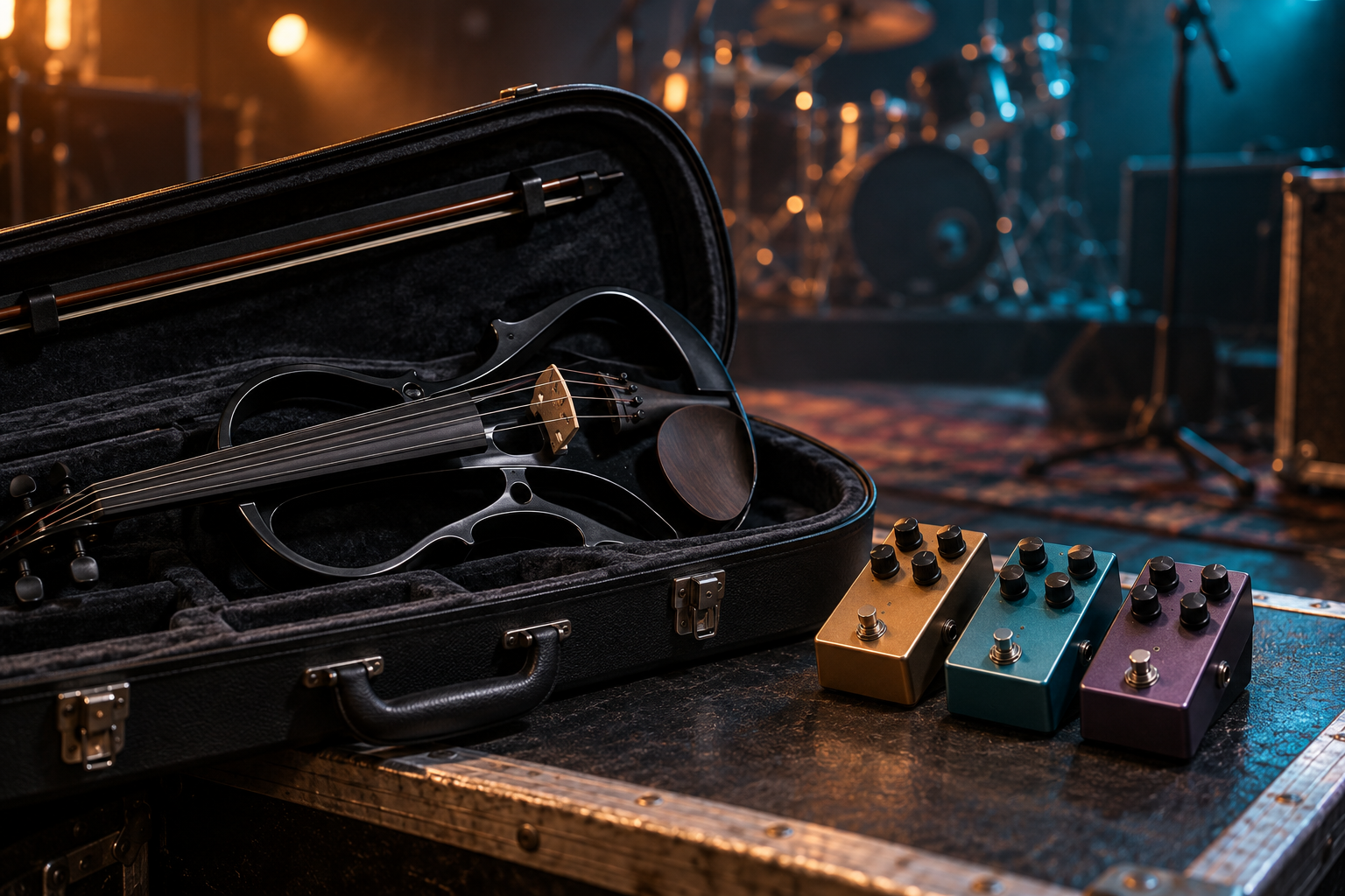 Electric violin in a fitted case beside compact envelope filter pedals on stage