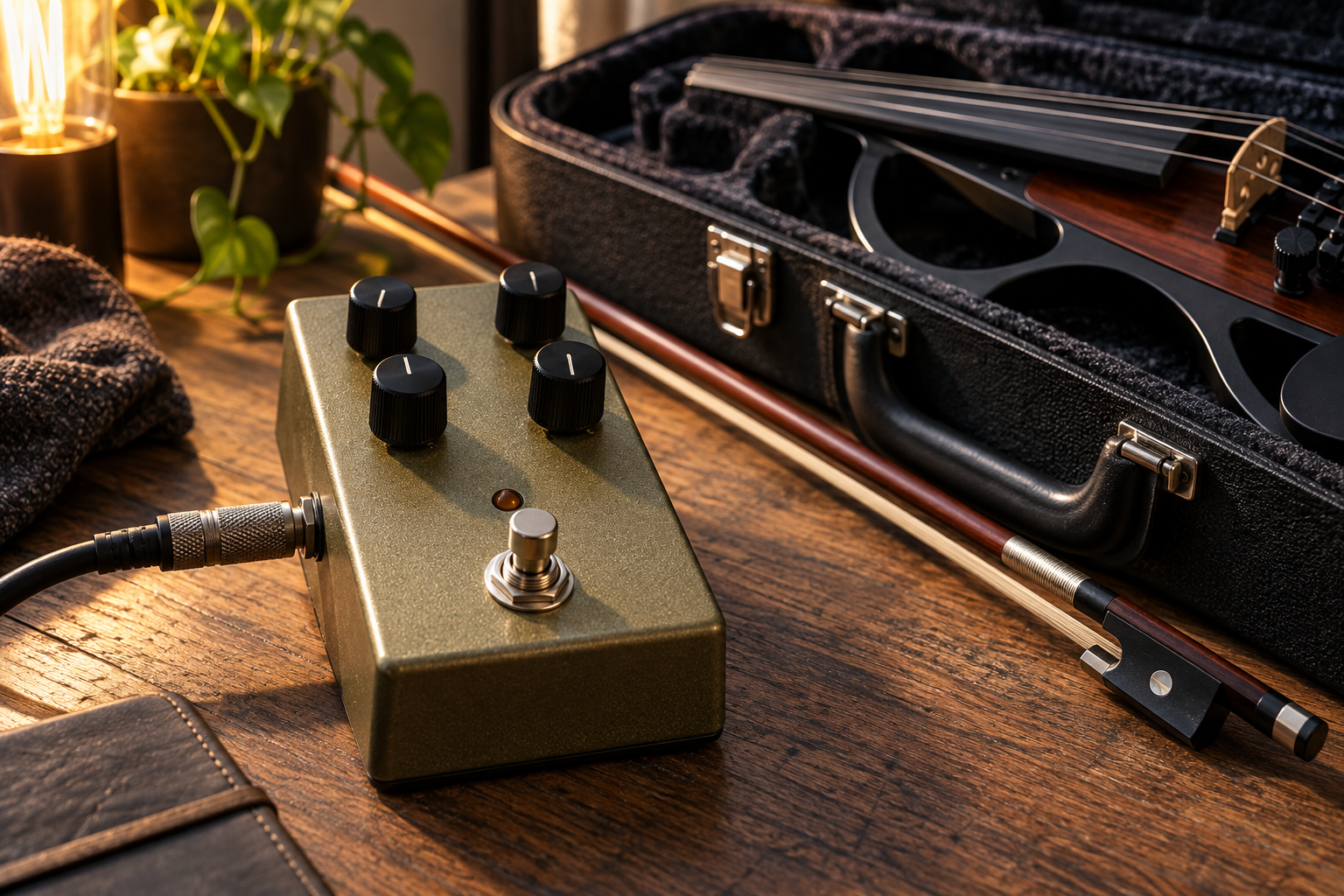Close view of envelope filter controls beside a bow and electric violin case
