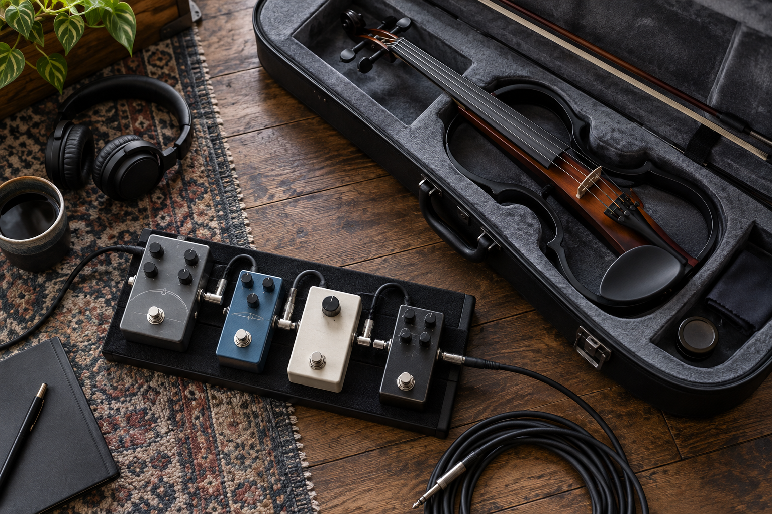 Compact effects pedalboard and patch cables beside an electric violin in its case