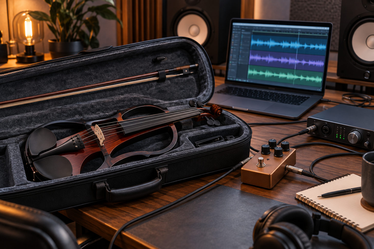 Electric violin recording setup with an envelope filter pedal and audio interface
