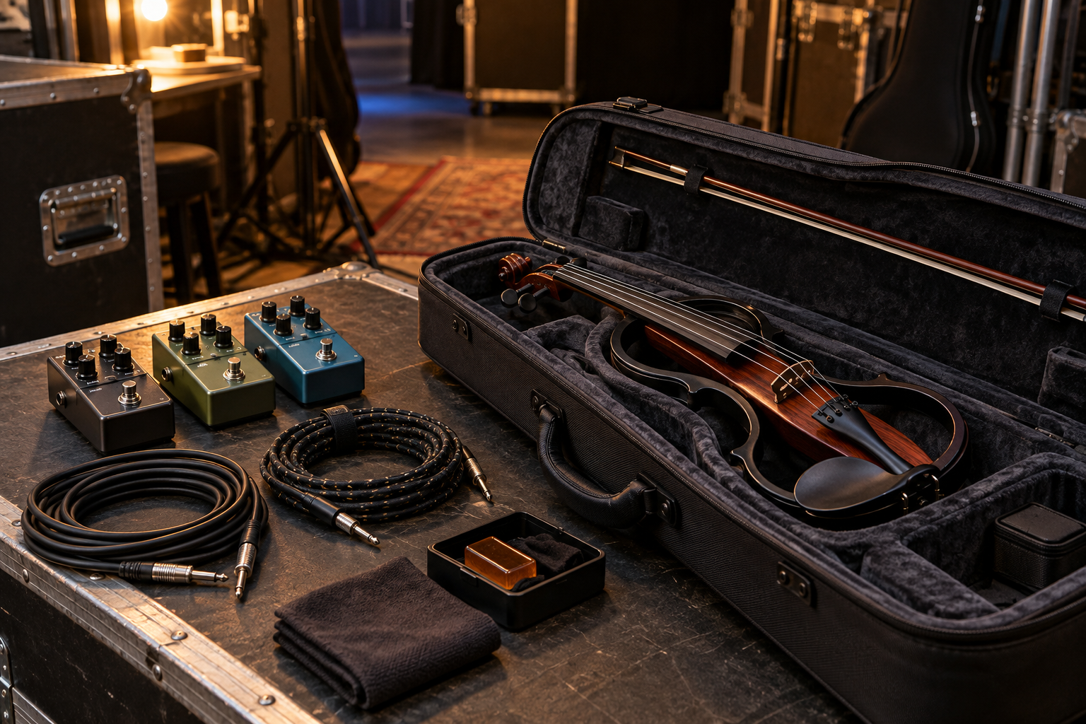 Envelope filter pedals and coiled instrument cables packed beside an electric violin case