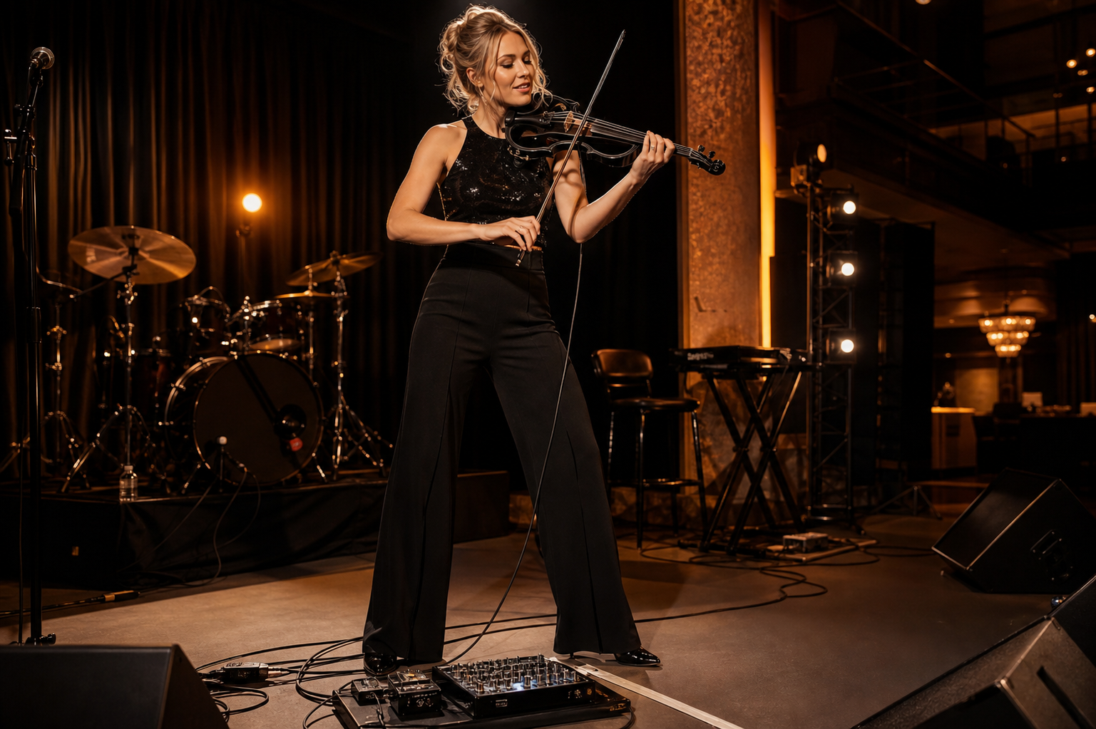 Световна electric violin изпълнителка на сцена използва компактен педалборд с EQ pedal за live tone shaping