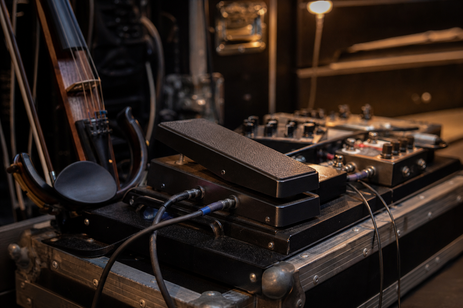 Close backstage view of a compact dual-output expression pedal on a professional electric violin pedalboard