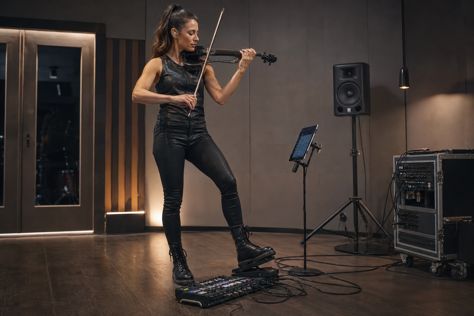 Electric violin performer in rehearsal using a compact Line 6 style rig and an external expression pedal