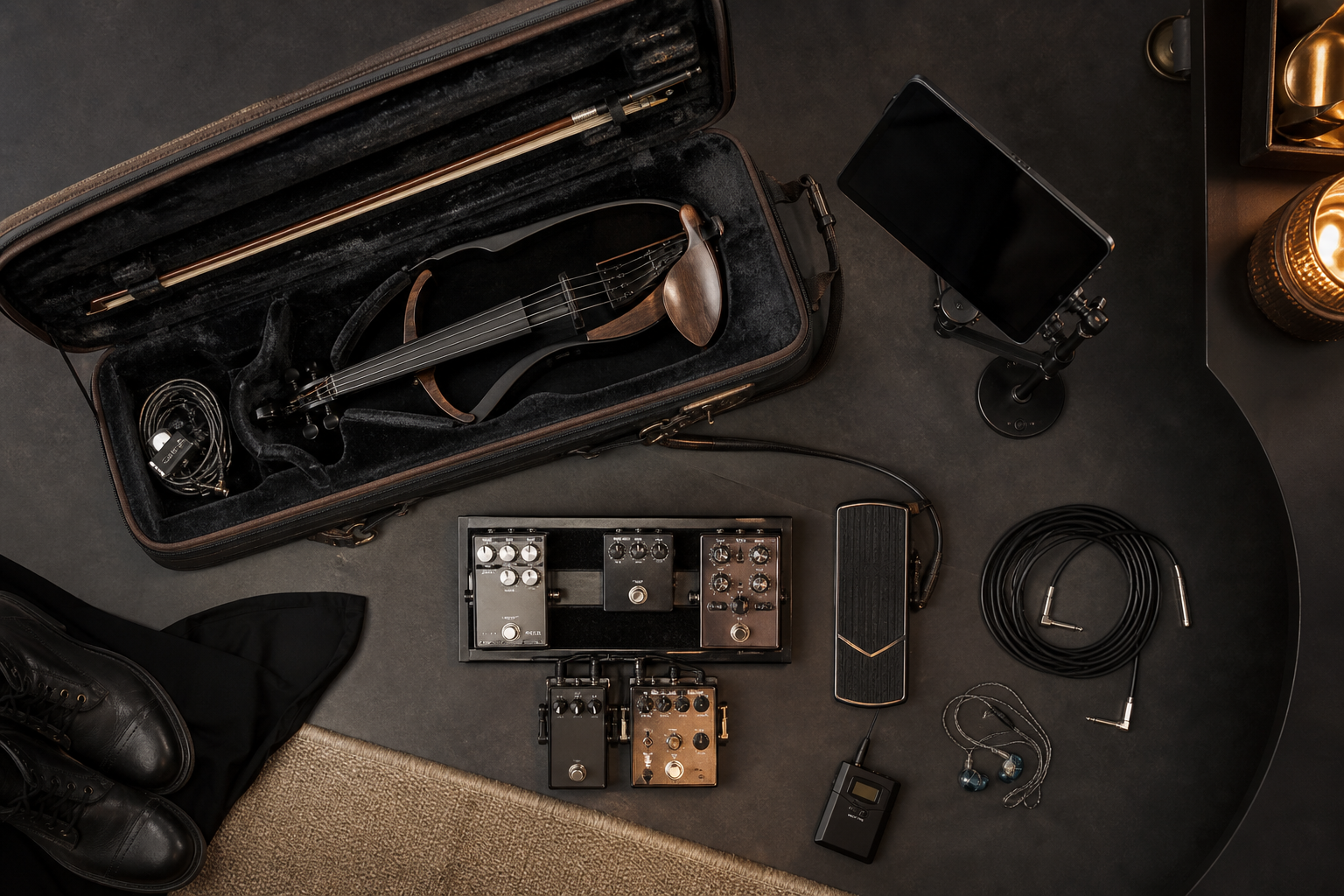 Travel-ready electric violin case packed with a compact pedalboard, expression pedal, in-ear monitors, and support gear