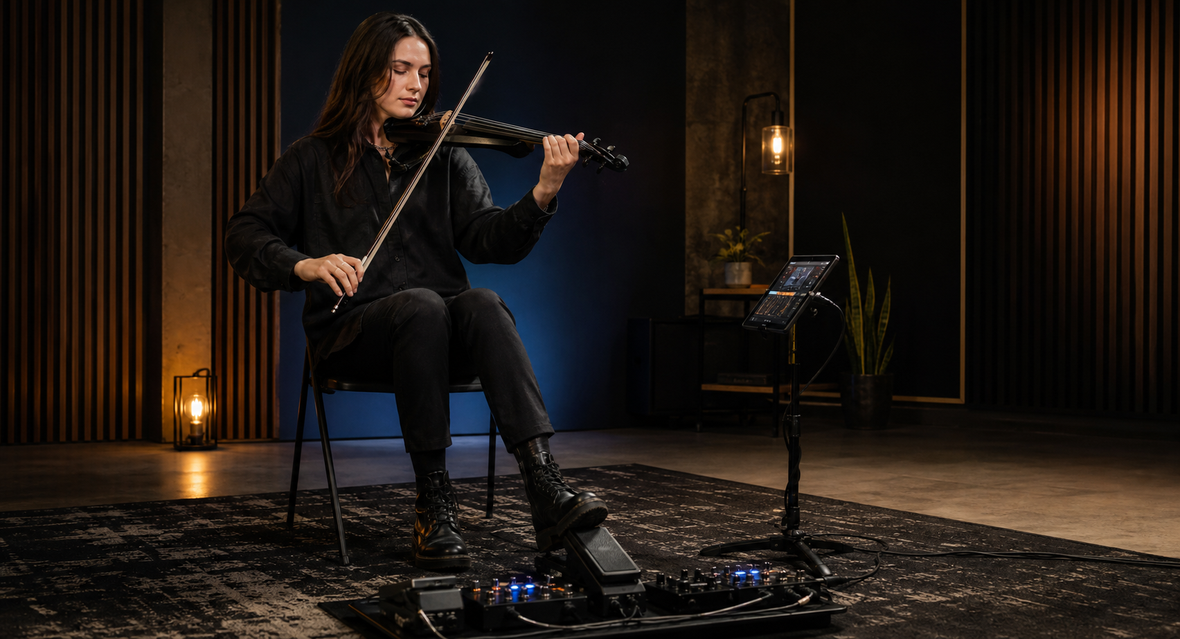 Electric violin performer in a polished studio-performance setup using an expression pedal with a tablet-controlled rig