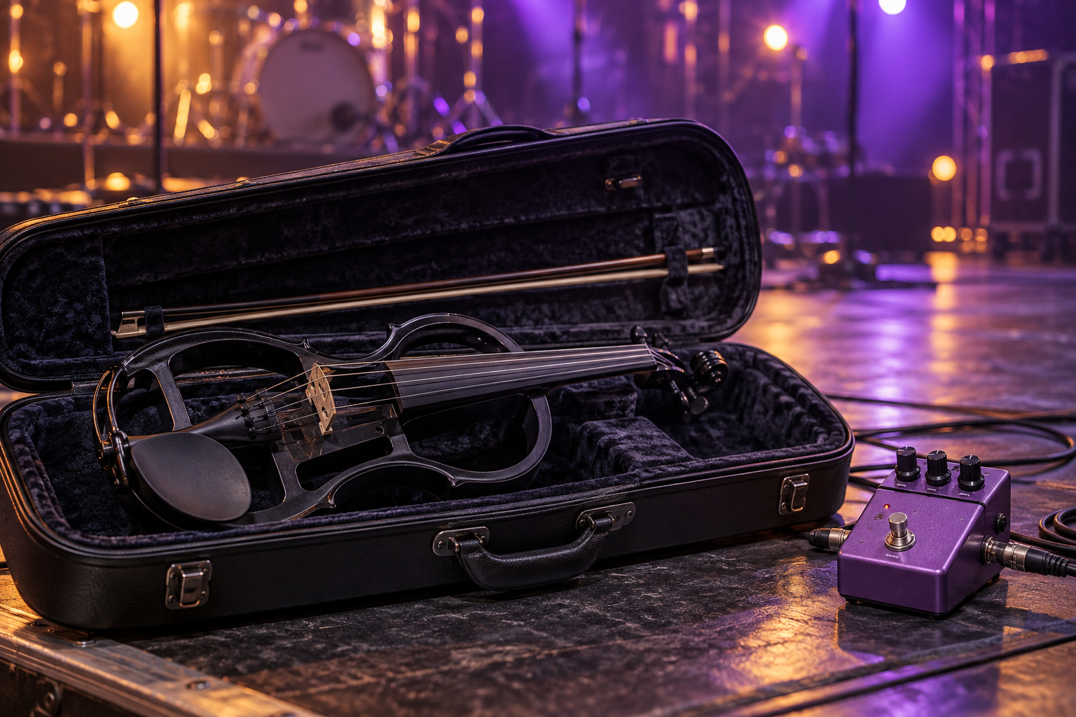 Black electric violin in an open case beside a purple flanger pedal on stage