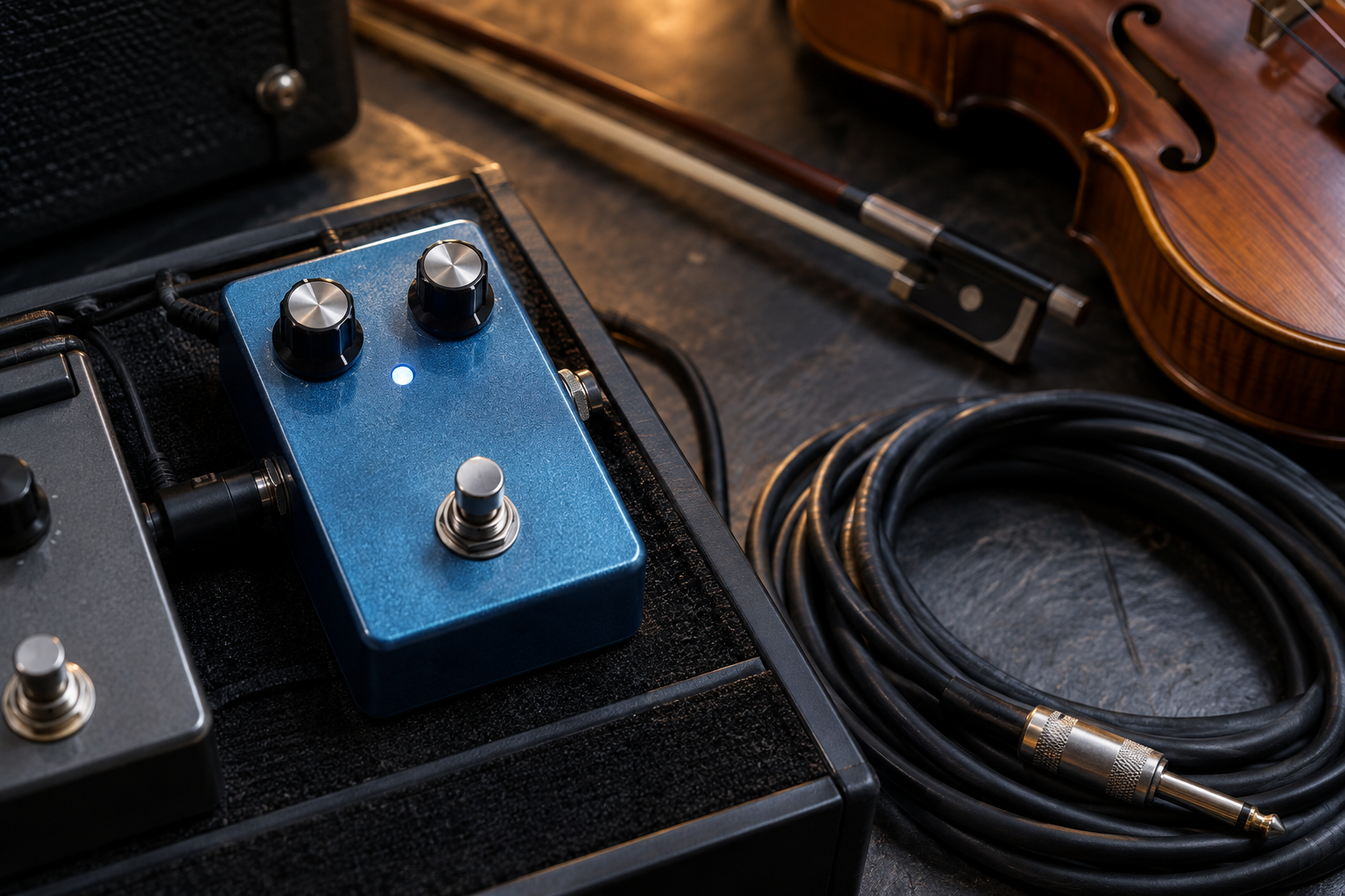 Generic blue two-knob flanger pedal beside a violin bow and coiled instrument cable