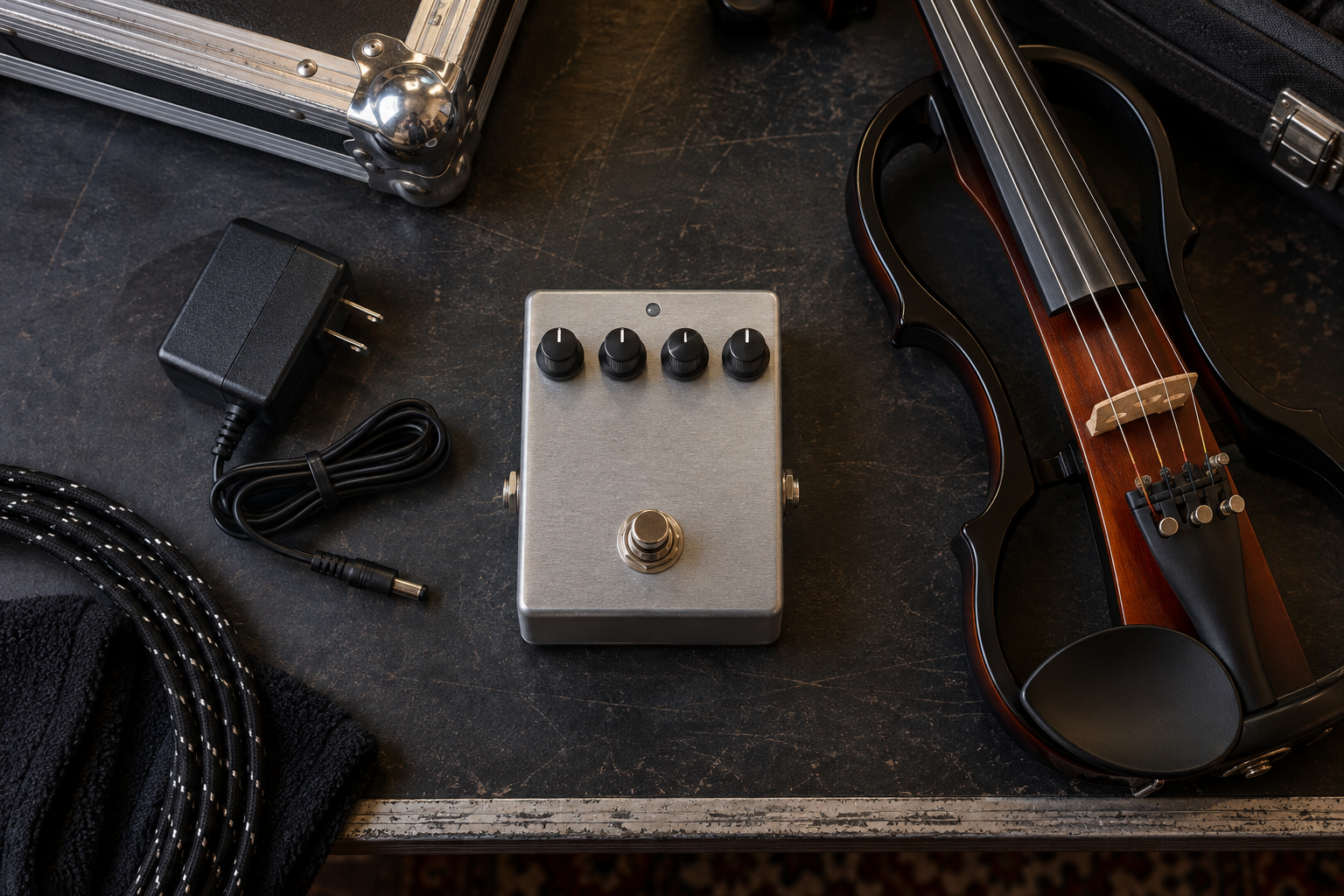Four-knob silver effects pedal and power adapter beside an electric violin