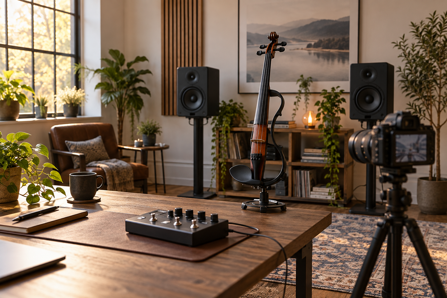 Electric violin with effects pedal camera and two speakers in a content studio