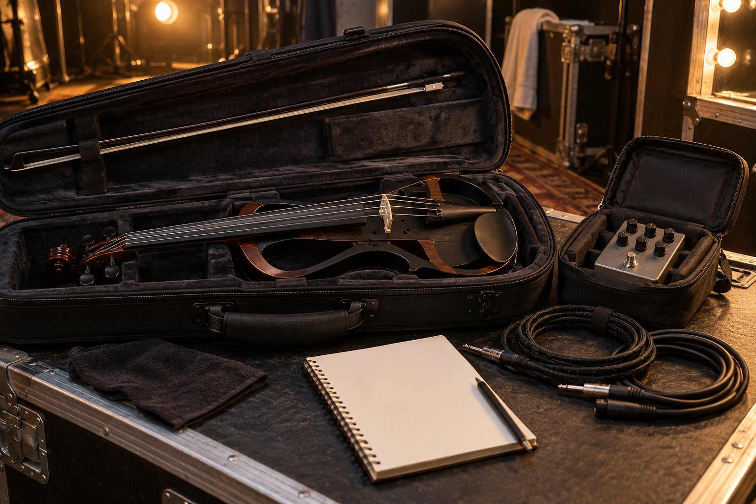 Electric violin case with separately padded effects pedal cables and blank setlist notebook