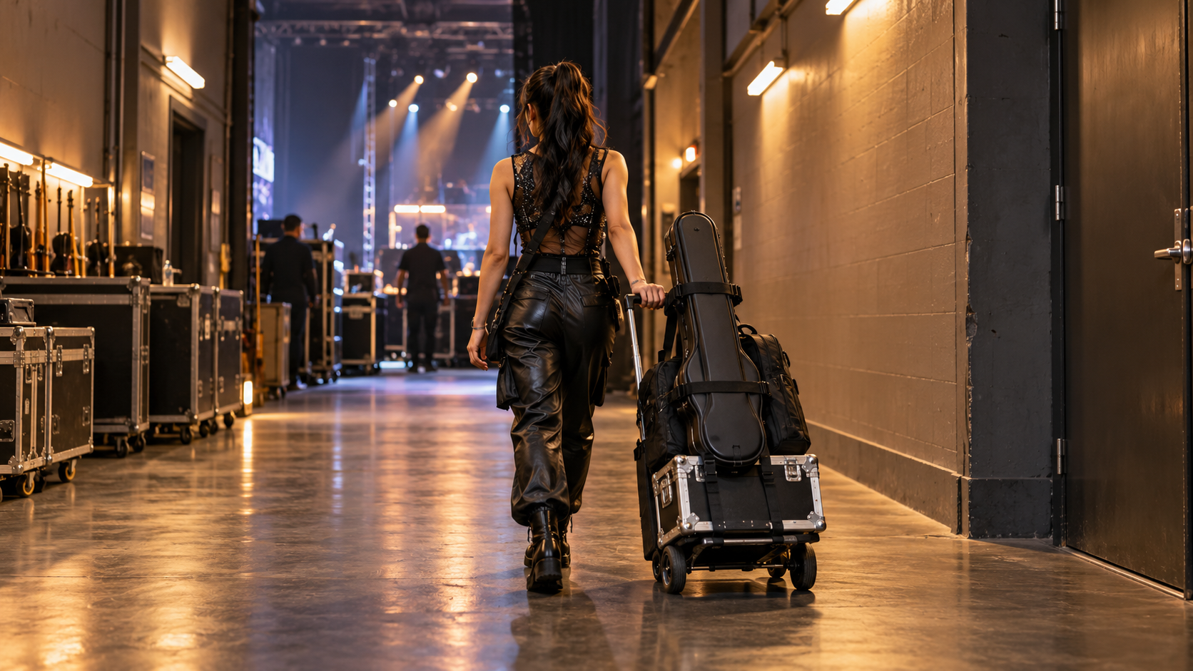 Electric violin performer rolling a folding luggage cart with secured case through a concert venue corridor