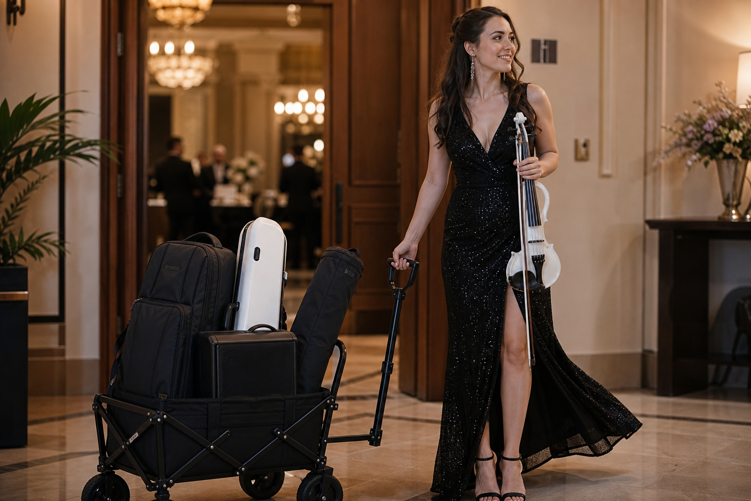 Electric violin изпълнител дърпа сгъваема количка с компактен speaker, чанта със стойки, бял калъф за цигулка и creator раница към елегантна event локация