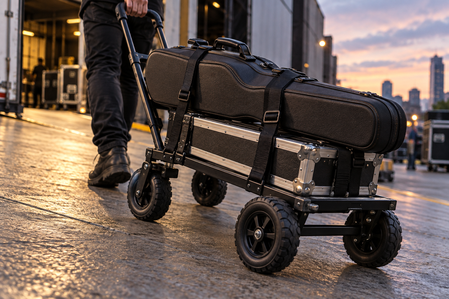 Close view of folding luggage cart wheels and straps carrying a violin case at a theatre loading dock