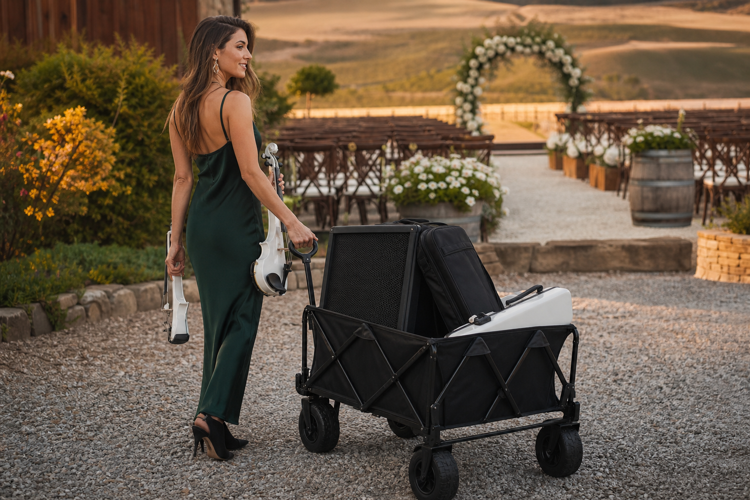 Electric violin артист бута all-terrain количка с PA speaker и чанта със стойки през чакъл към outdoor сватбена церемония