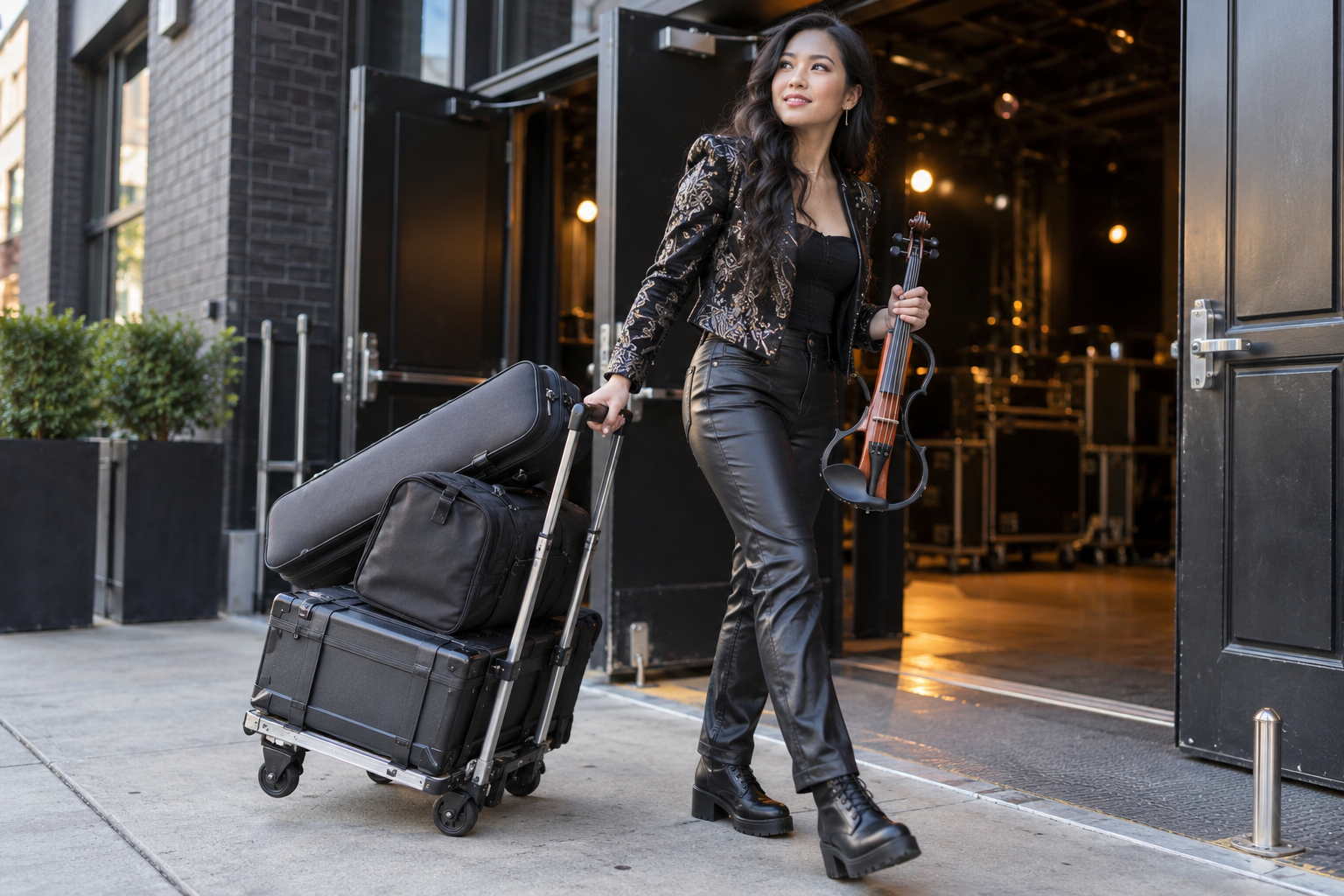 Electric violin artist loading a folding hand truck with case cable bag and travel equipment outside a venue