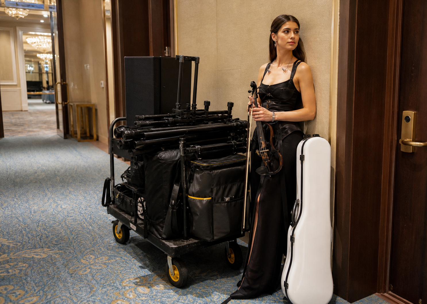 Electric violin изпълнител спира по-голяма utility cart количка с speaker стойки, кабели, tripod и lighting bags в сервизен коридор на хотелска бална зала