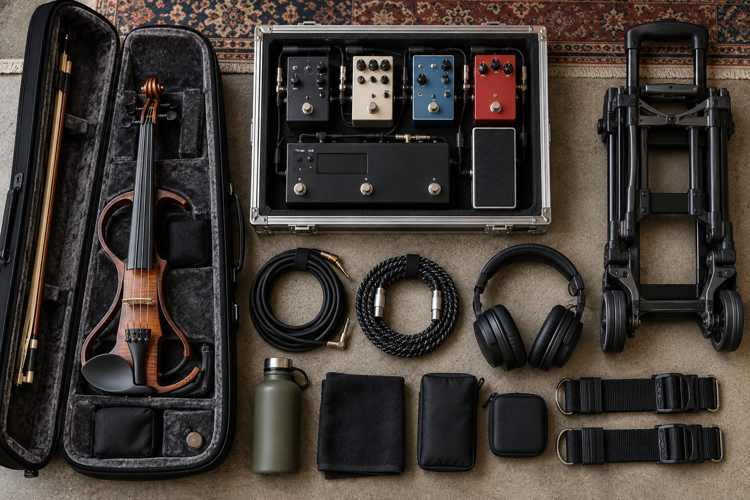 Organized flat lay of electric violin touring gear beside a folded luggage cart and luggage straps