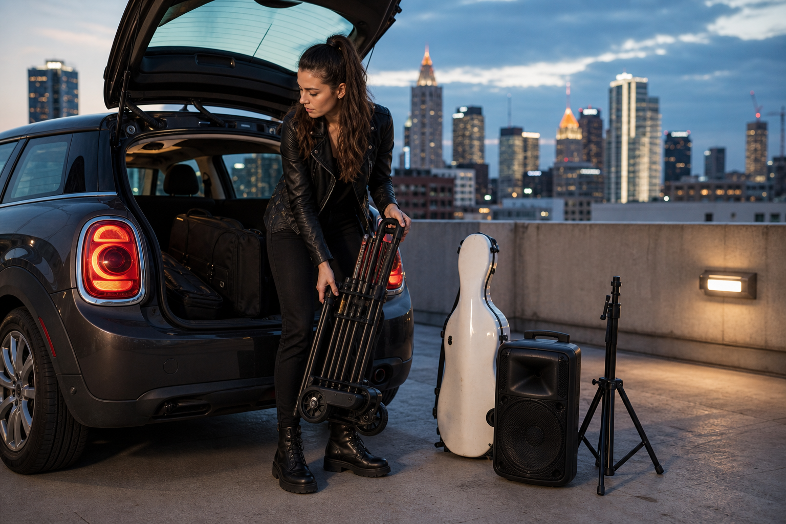 Electric violin изпълнител сваля компактна micro количка от hatchback до бял калъф за цигулка, tripod и малка колона преди rooftop сет