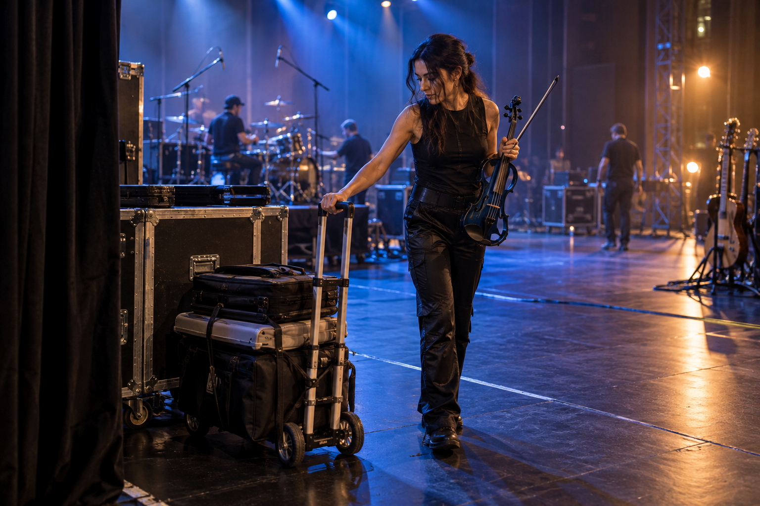 Electric violin performer parking a loaded folding luggage cart beside the stage during soundcheck